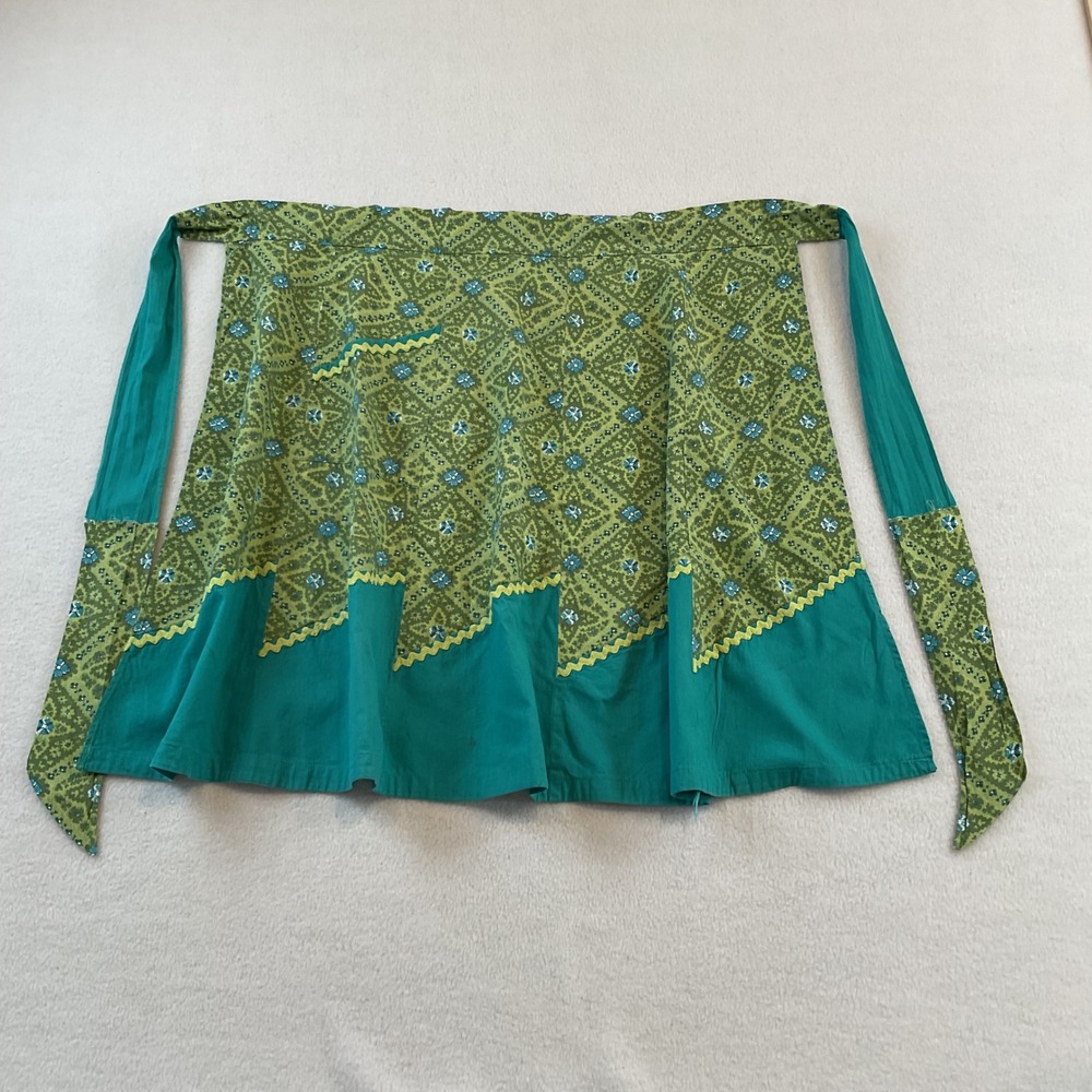 Vintage Handmade Green Teal Rickrack Half Apron Floral Geometric Pocket Retro